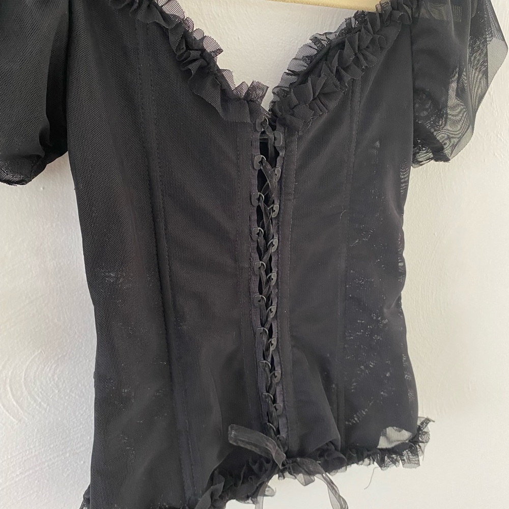 Vintage black mesh back lace up top - Picture 7 of 10